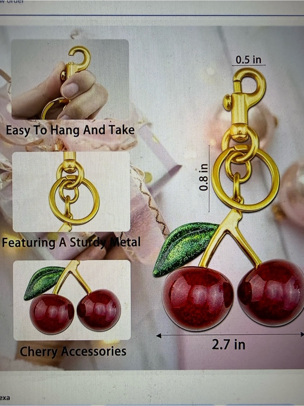 Glitter Cherry Key & Card Holder Charm in Red and Green - Picture 4 of 4